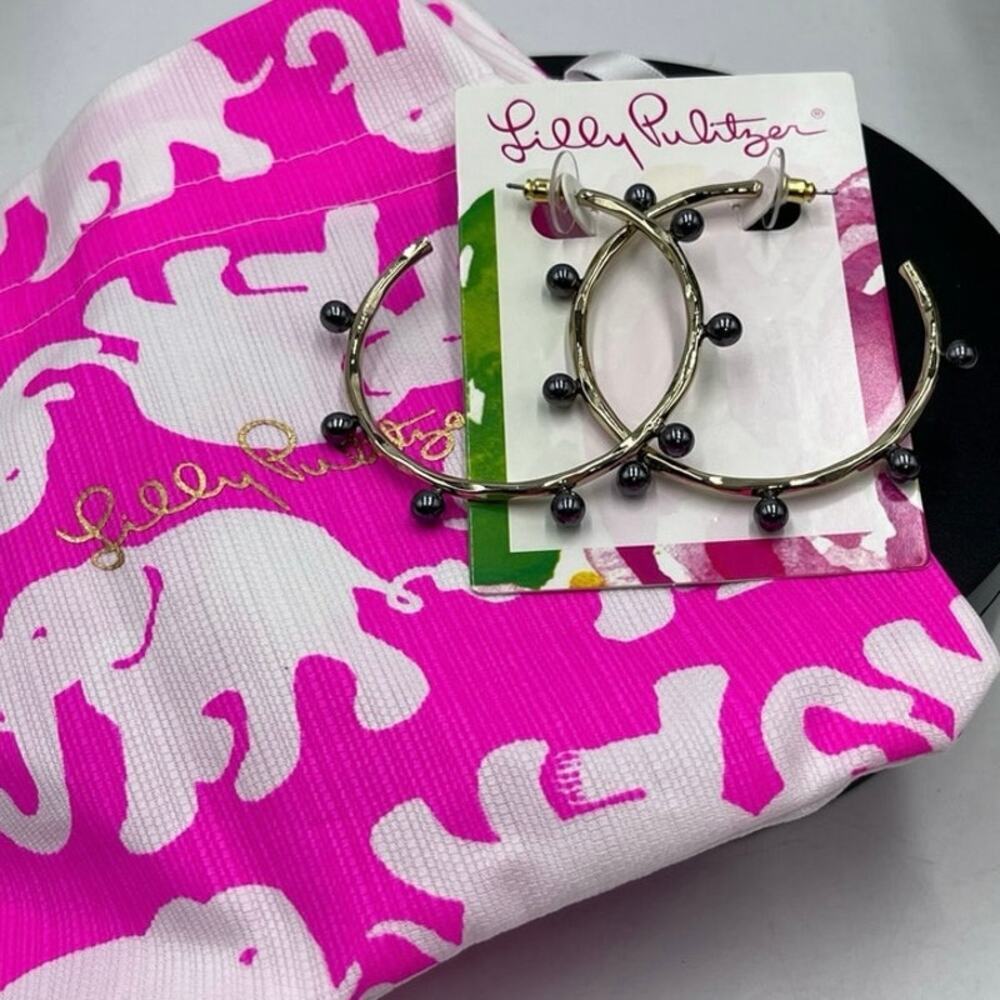 Lilly Pulitzer Large Gold Tone Bamboo like Gemma‎ Onyx Pearl Hoop Earring New